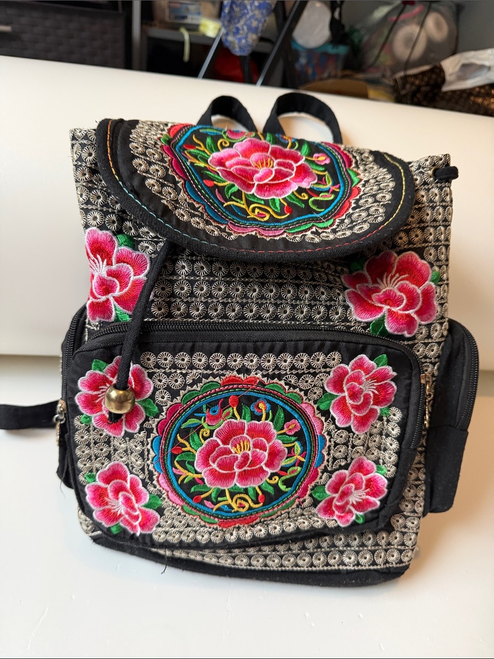 Embroidered Floral Black Canvas Backpack - Pink Flower Accent